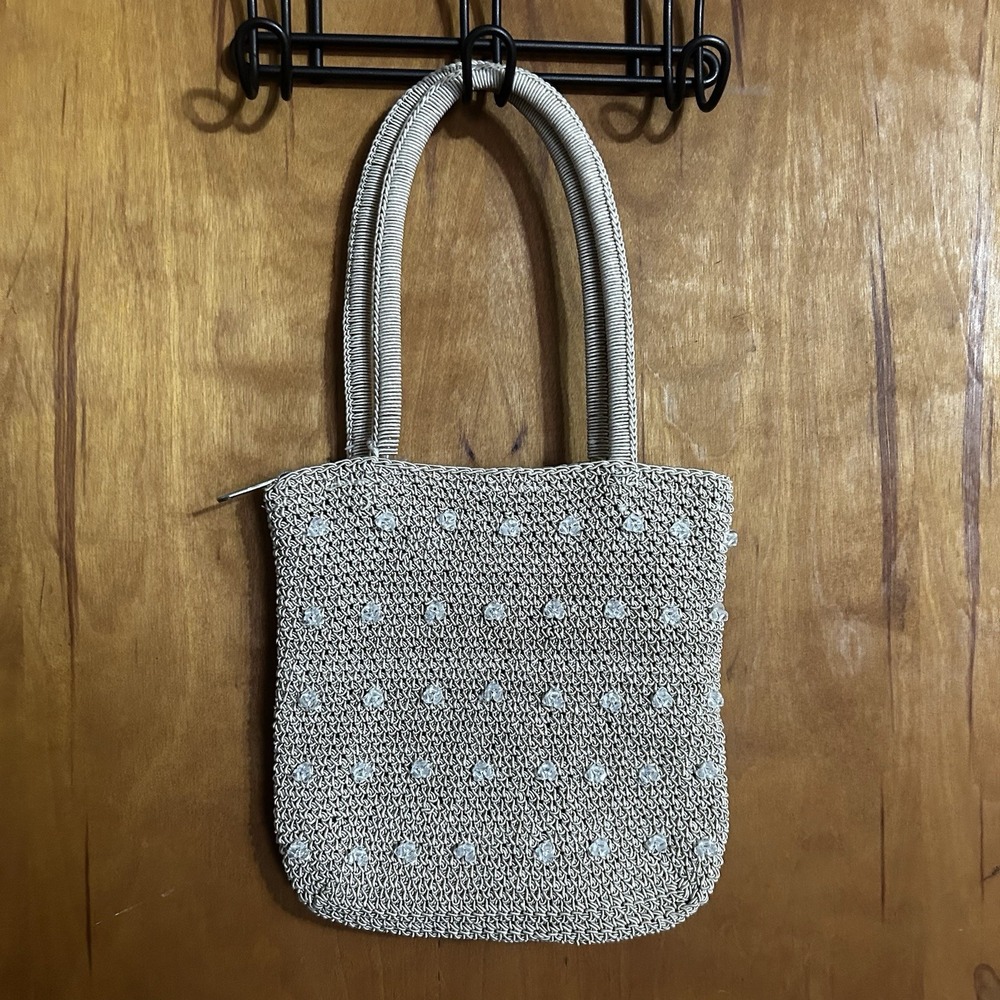 BEIGE‎ CROCHET HAND BAG, CLEAR CRYSTAL EMBELLISHMENTS SMALL